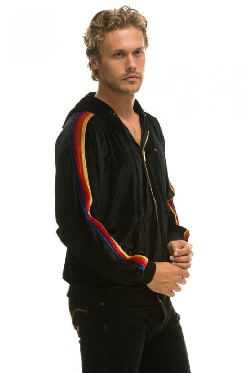 Sudadera con Capucha Aviator Nation Classic Velvet Relaxed Zip Hombre Black | 60DLHNQIM