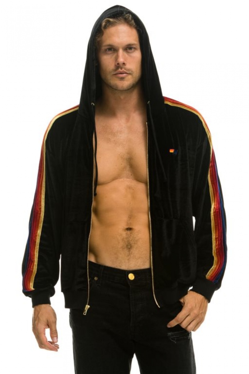 Sudadera con Capucha Aviator Nation Classic Velvet Relaxed Zip Hombre Black | 60DLHNQIM