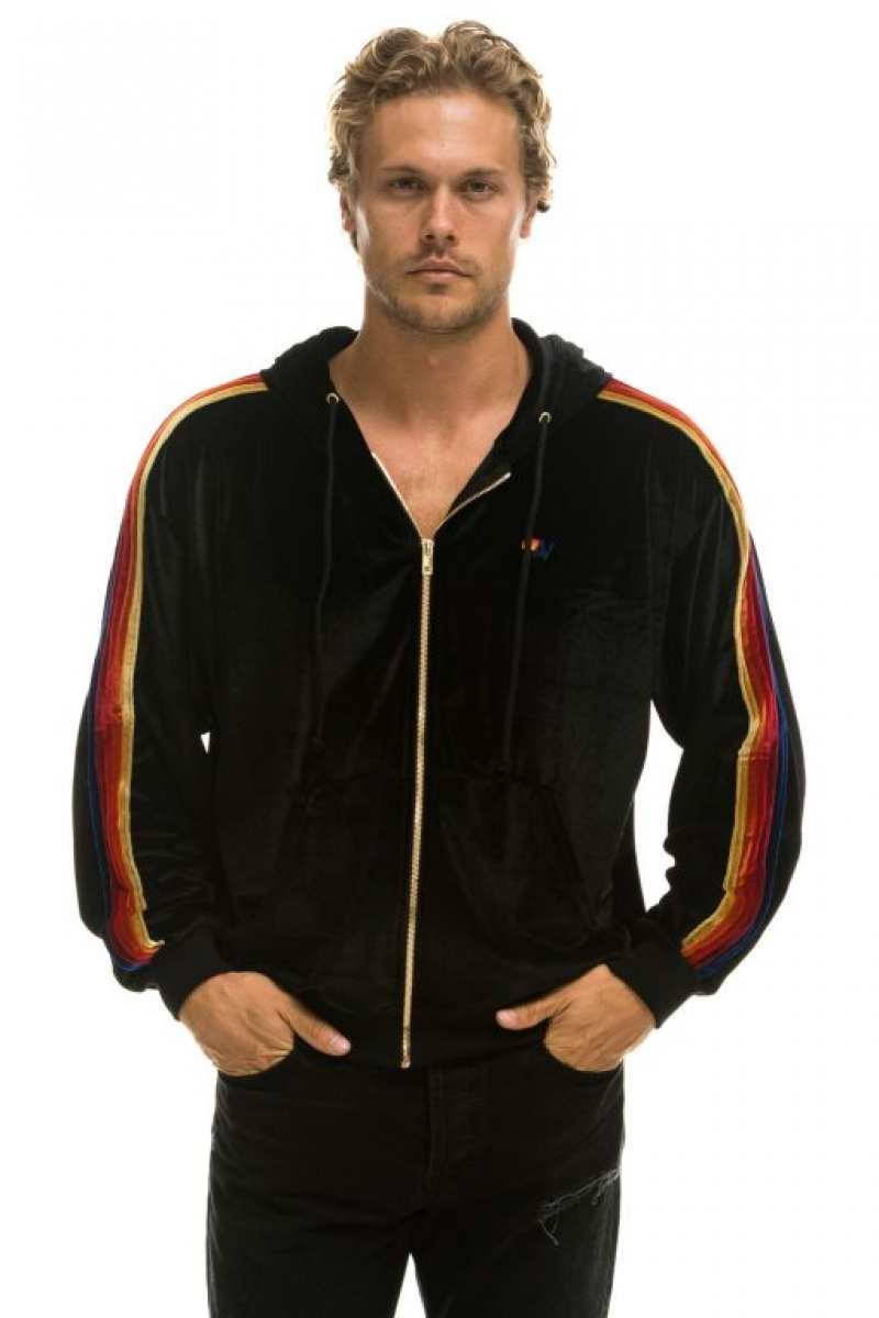Sudadera con Capucha Aviator Nation Classic Velvet Relaxed Zip Hombre Black | 60DLHNQIM