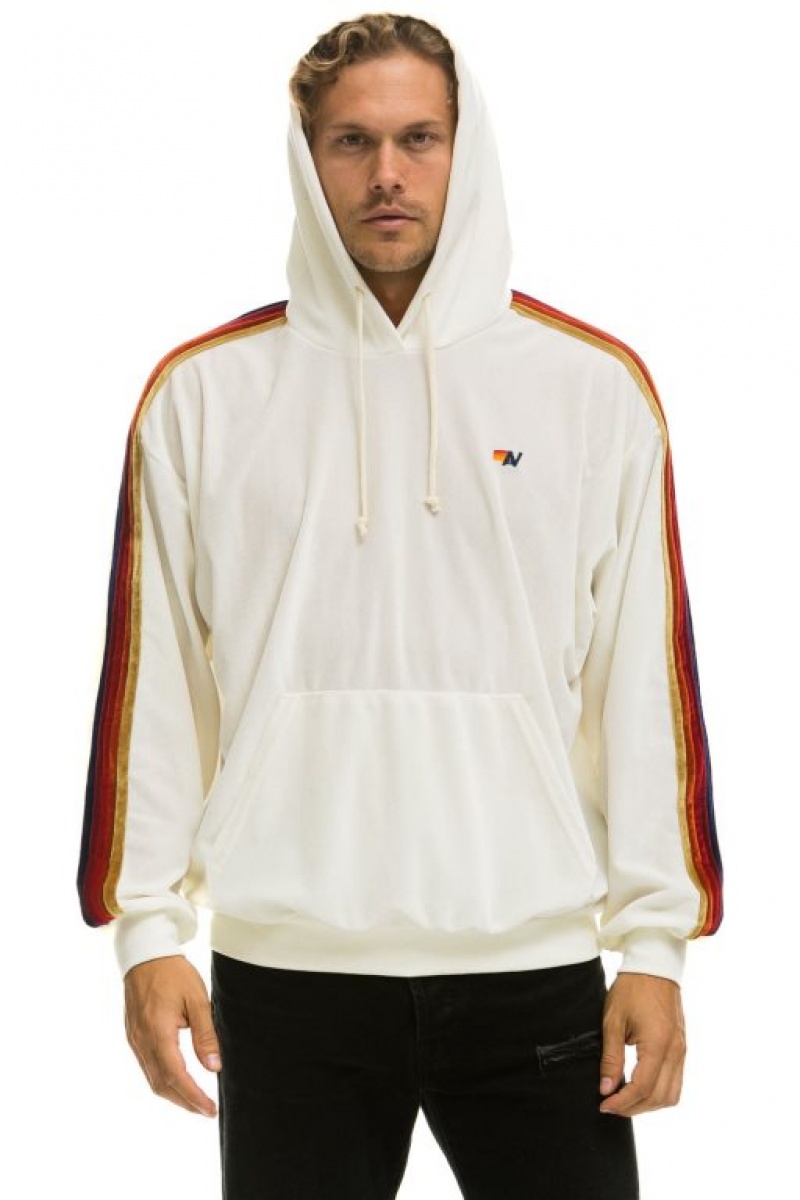 Sudadera con Capucha Aviator Nation Classic Velvet Relaxed Pullover Hombre White | 63TPQMLXZ