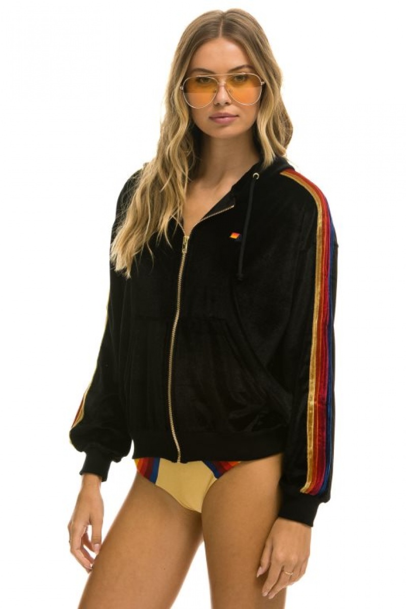 Sudadera con Capucha Aviator Nation Classic Velvet Relaxed Zip Mujer Black | 01VBSKAJX