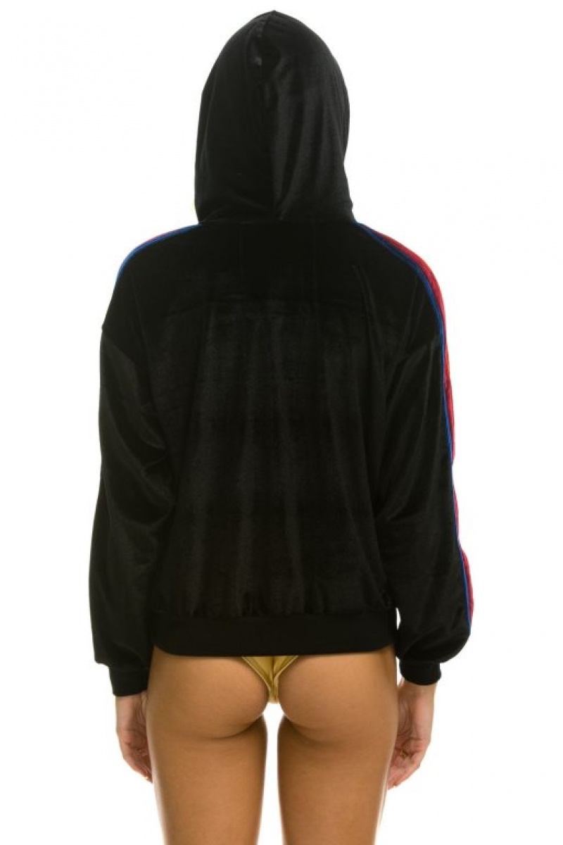 Sudadera con Capucha Aviator Nation Classic Velvet Relaxed Zip Mujer Black | 01VBSKAJX