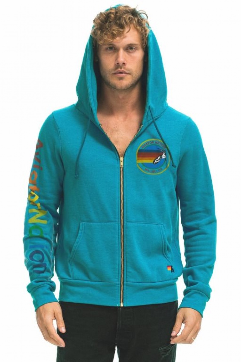 Sudadera con Capucha Aviator Nation Malibu Zip Hombre Turquoise | 61QDUOBZT