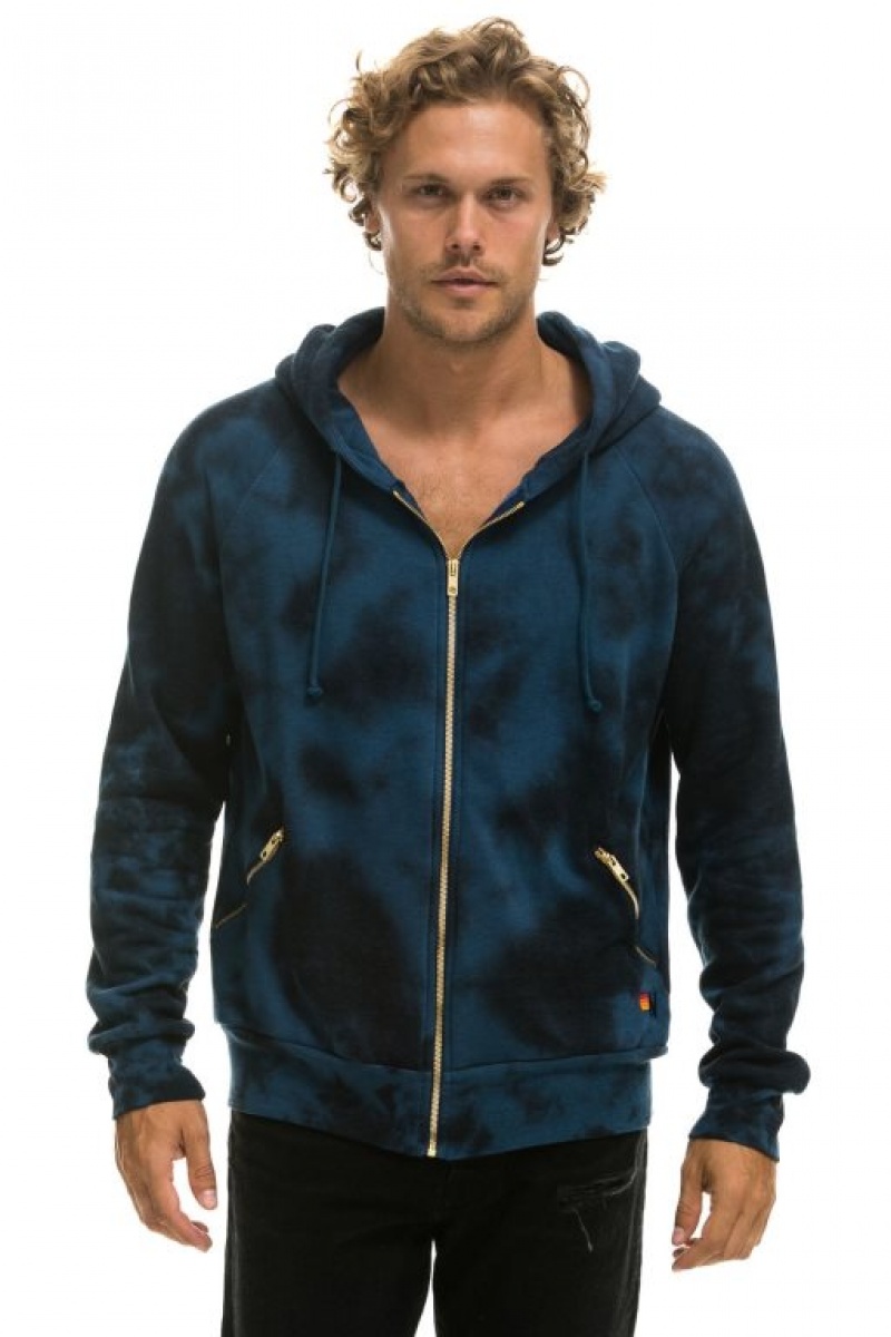 Sudadera con Capucha Aviator Nation Relaxed Hand Dyed Zip Hombre Blue Black | 59WVYTXDJ