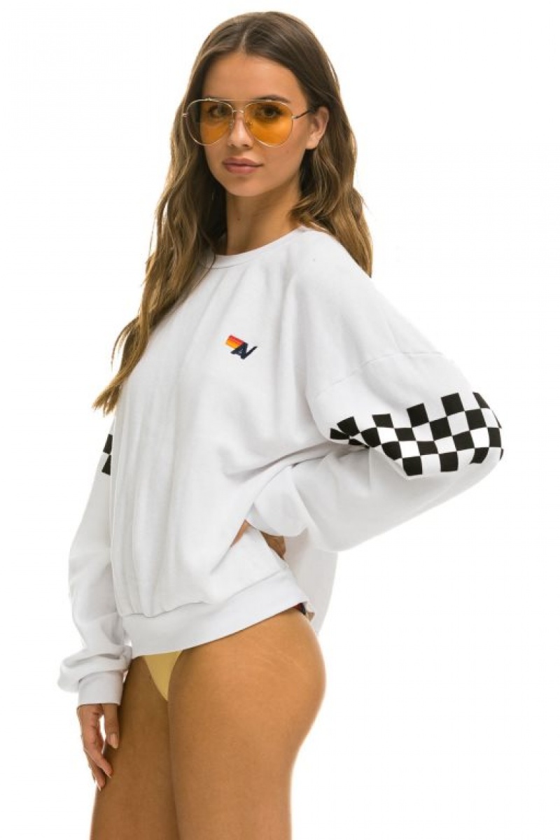 Sudaderas Aviator Nation Check 2 Sleeve Relaxed Crew Mujer White | 17PQTODWX