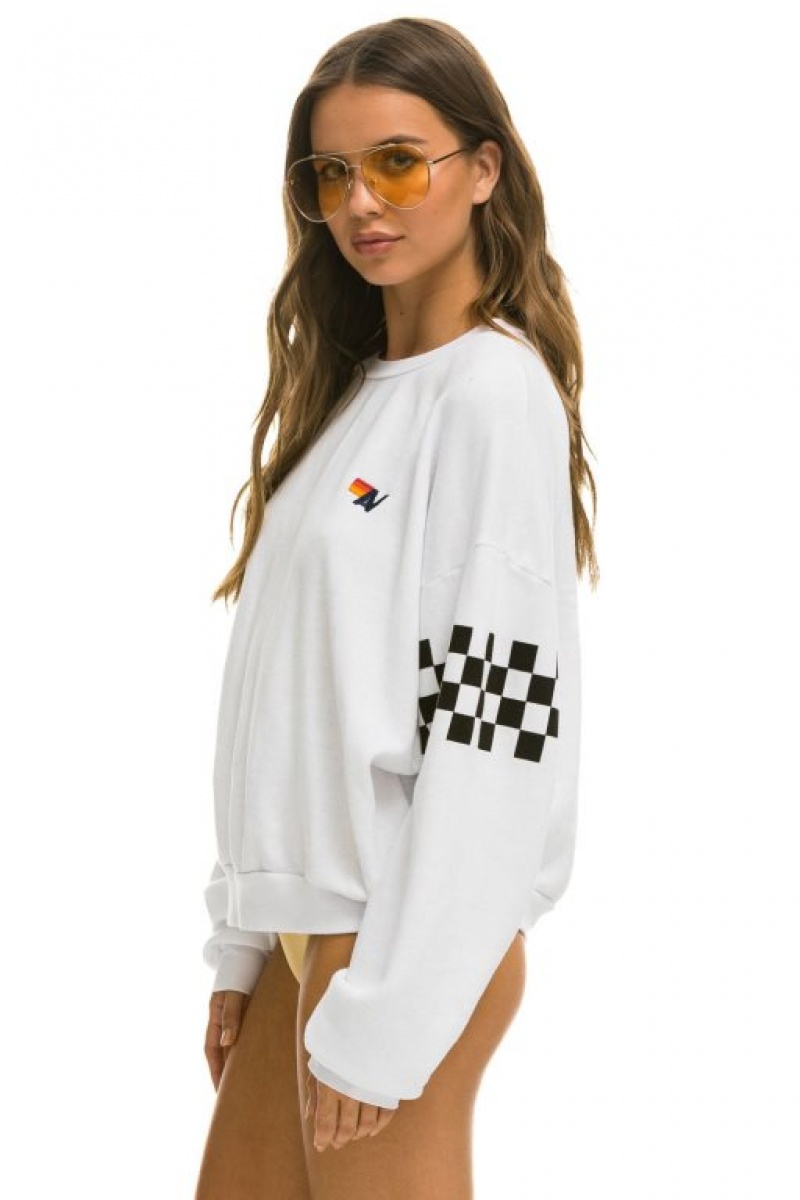 Sudaderas Aviator Nation Check 2 Sleeve Relaxed Crew Mujer White | 17PQTODWX