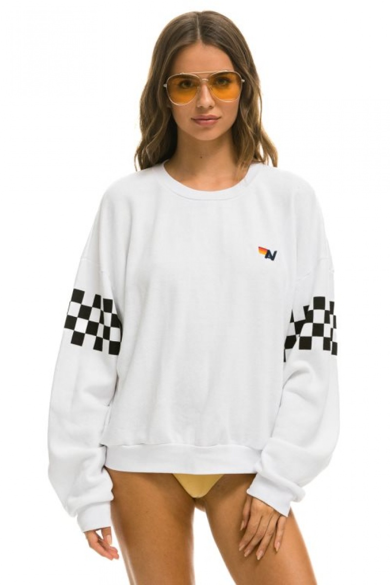 Sudaderas Aviator Nation Check 2 Sleeve Relaxed Crew Mujer White | 17PQTODWX