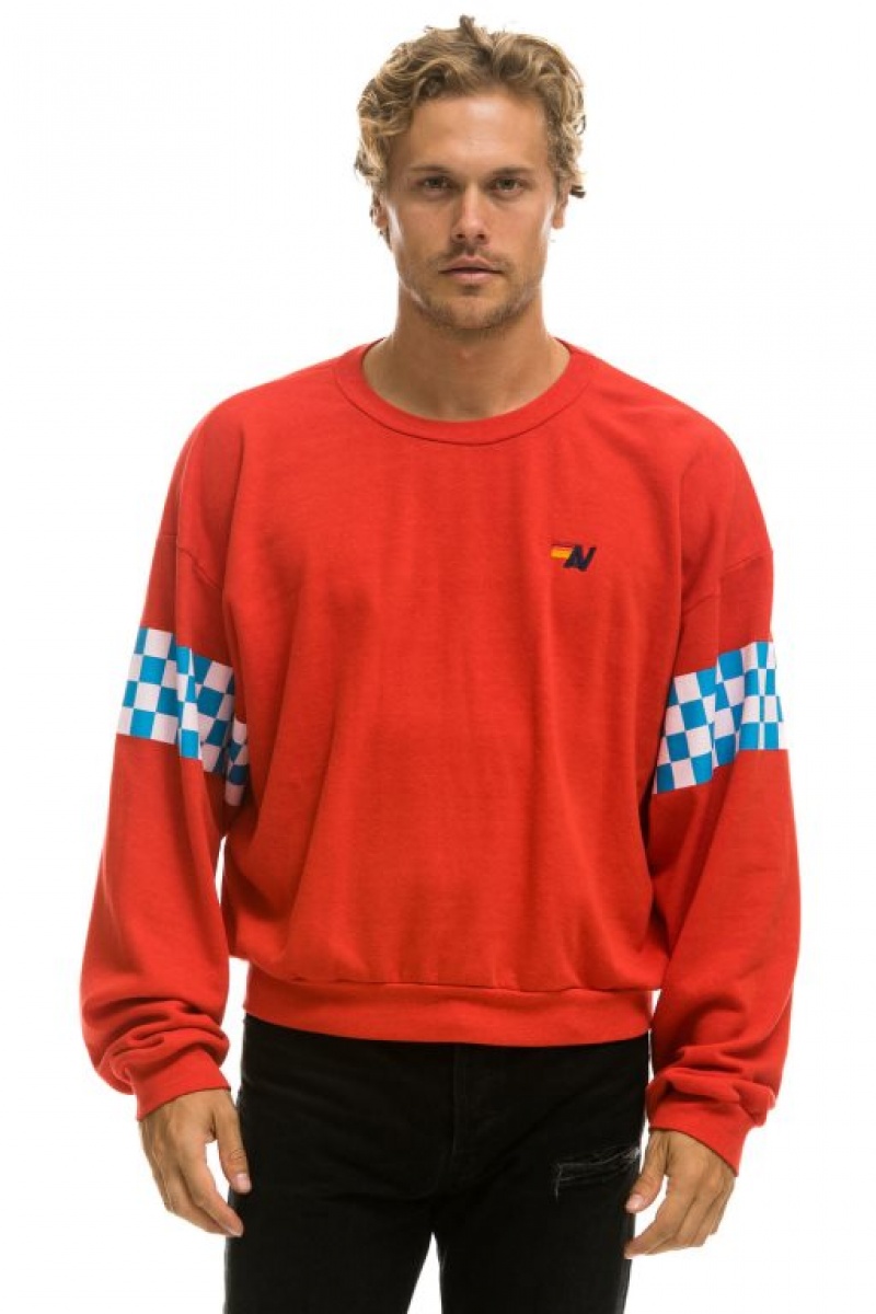 Sudaderas Aviator Nation Check 2 Sleeve Relaxed Crew Mujer Red / White / Blue | 17SXTAFWI