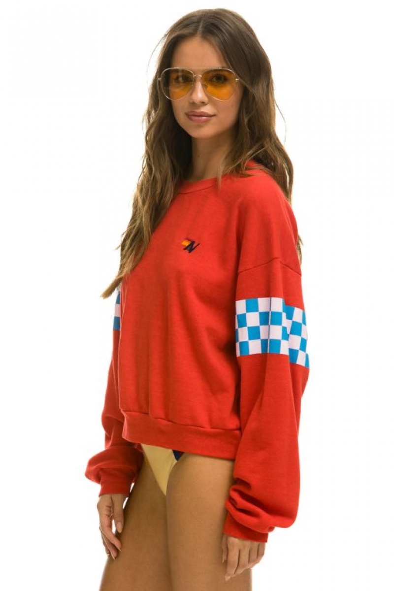 Sudaderas Aviator Nation Check 2 Sleeve Relaxed Crew Mujer Red / White / Blue | 17SXTAFWI