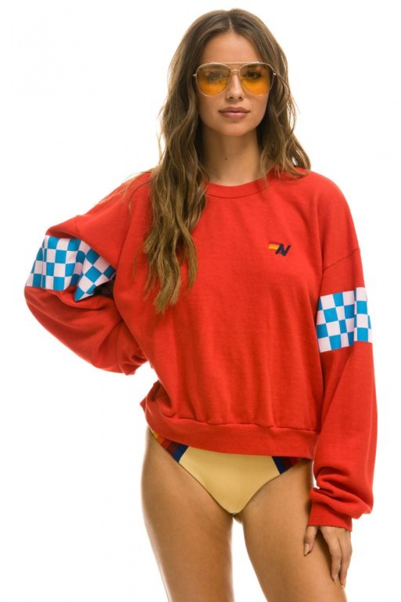 Sudaderas Aviator Nation Check 2 Sleeve Relaxed Crew Mujer Red / White / Blue | 17SXTAFWI