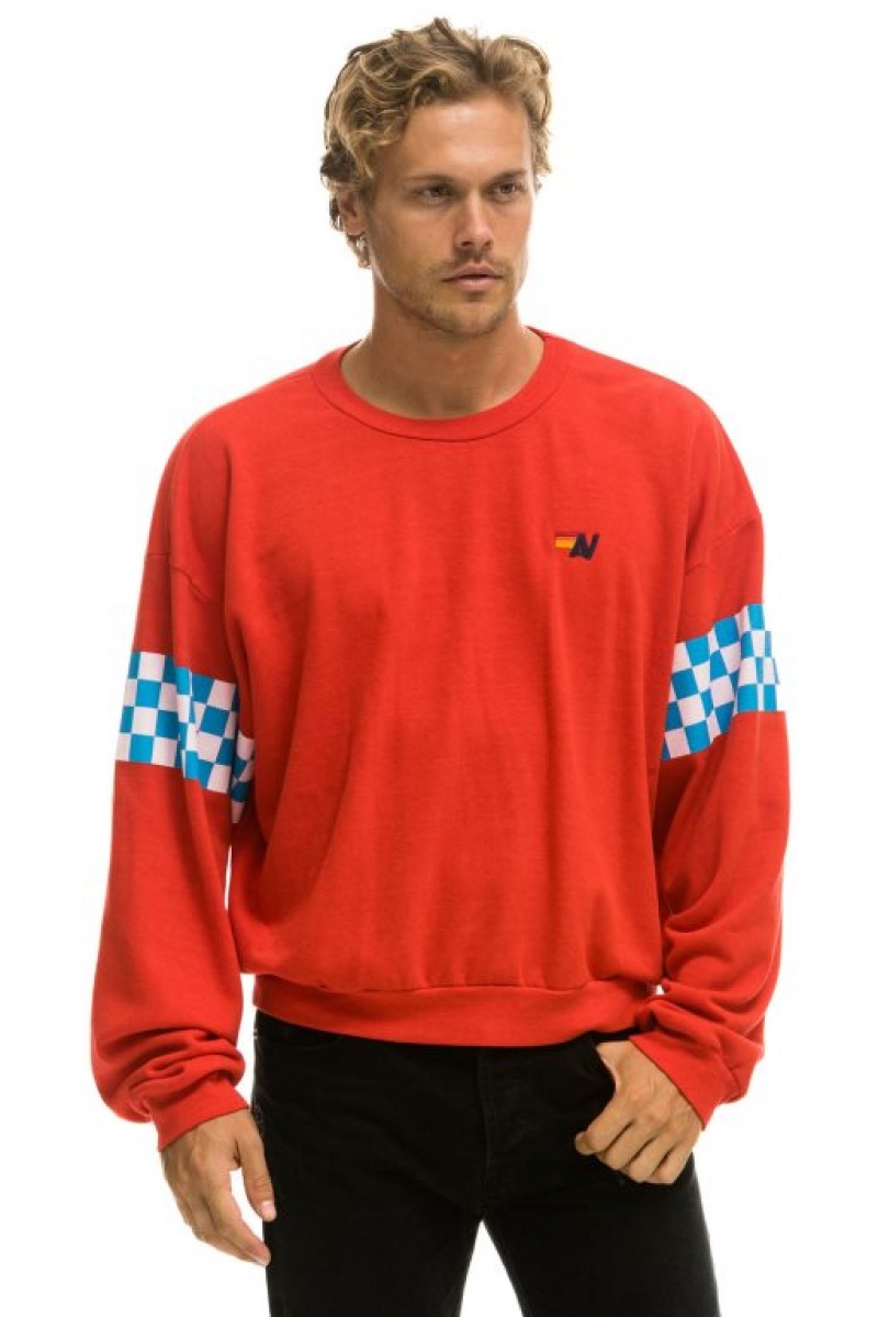 Sudaderas Aviator Nation Check 2 Sleeve Relaxed Crew Mujer Red / White / Blue | 17SXTAFWI