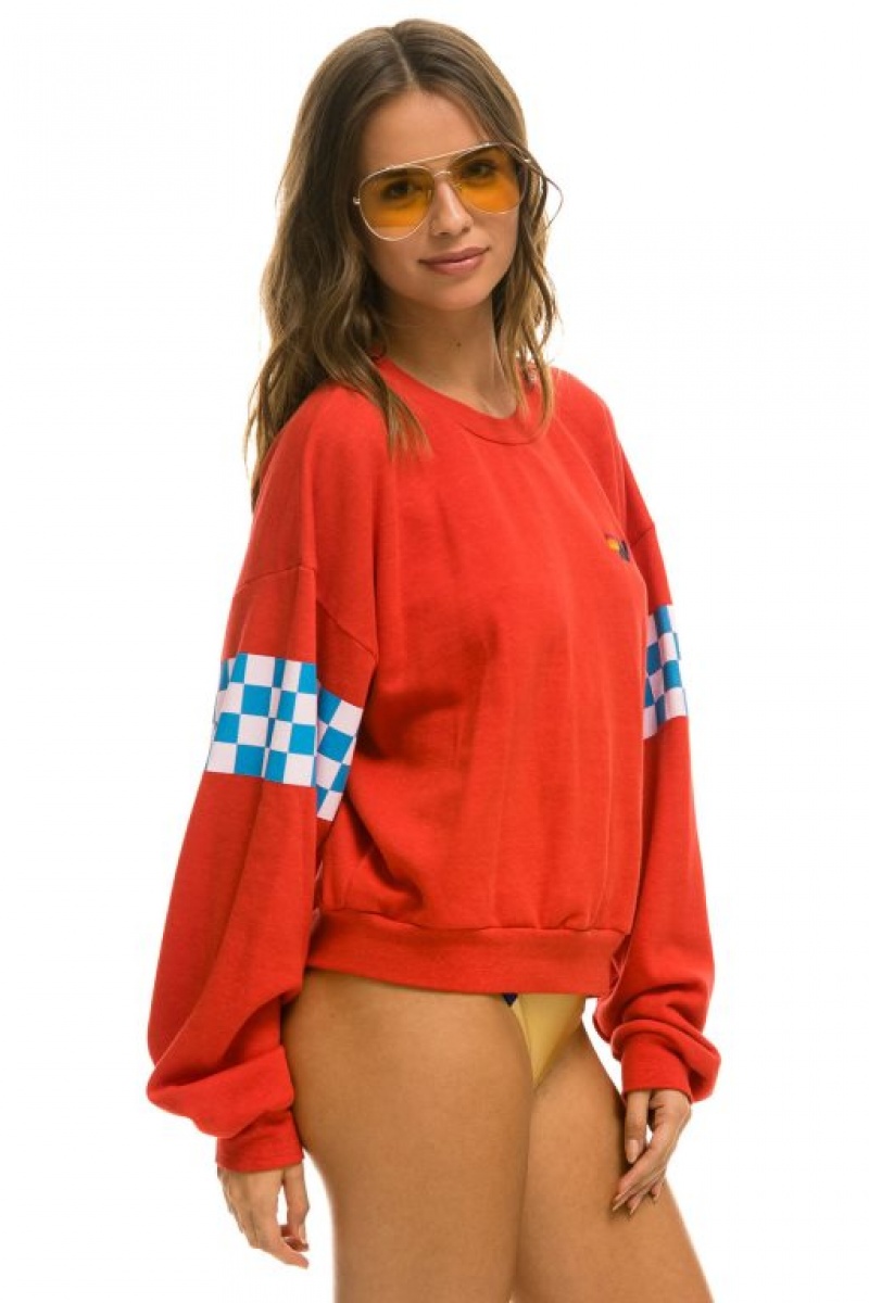 Sudaderas Aviator Nation Check 2 Sleeve Relaxed Crew Mujer Red / White / Blue | 17SXTAFWI