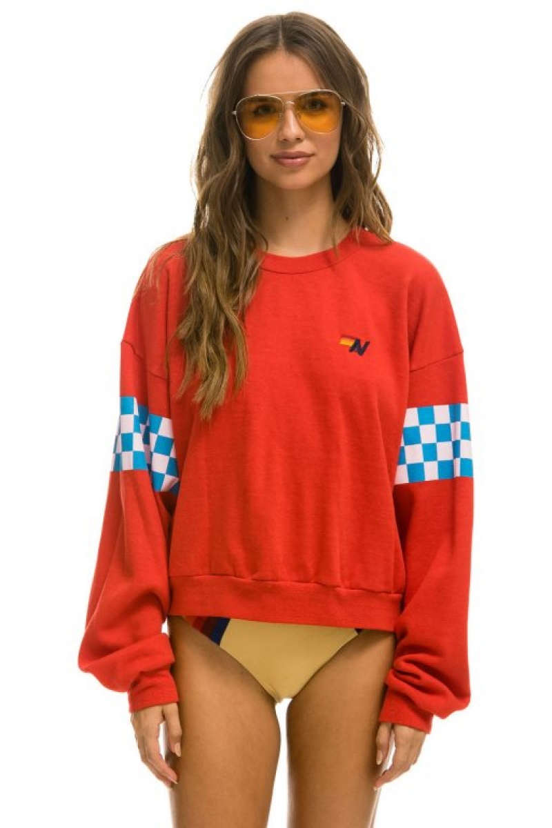 Sudaderas Aviator Nation Check 2 Sleeve Relaxed Crew Mujer Red / White / Blue | 17SXTAFWI