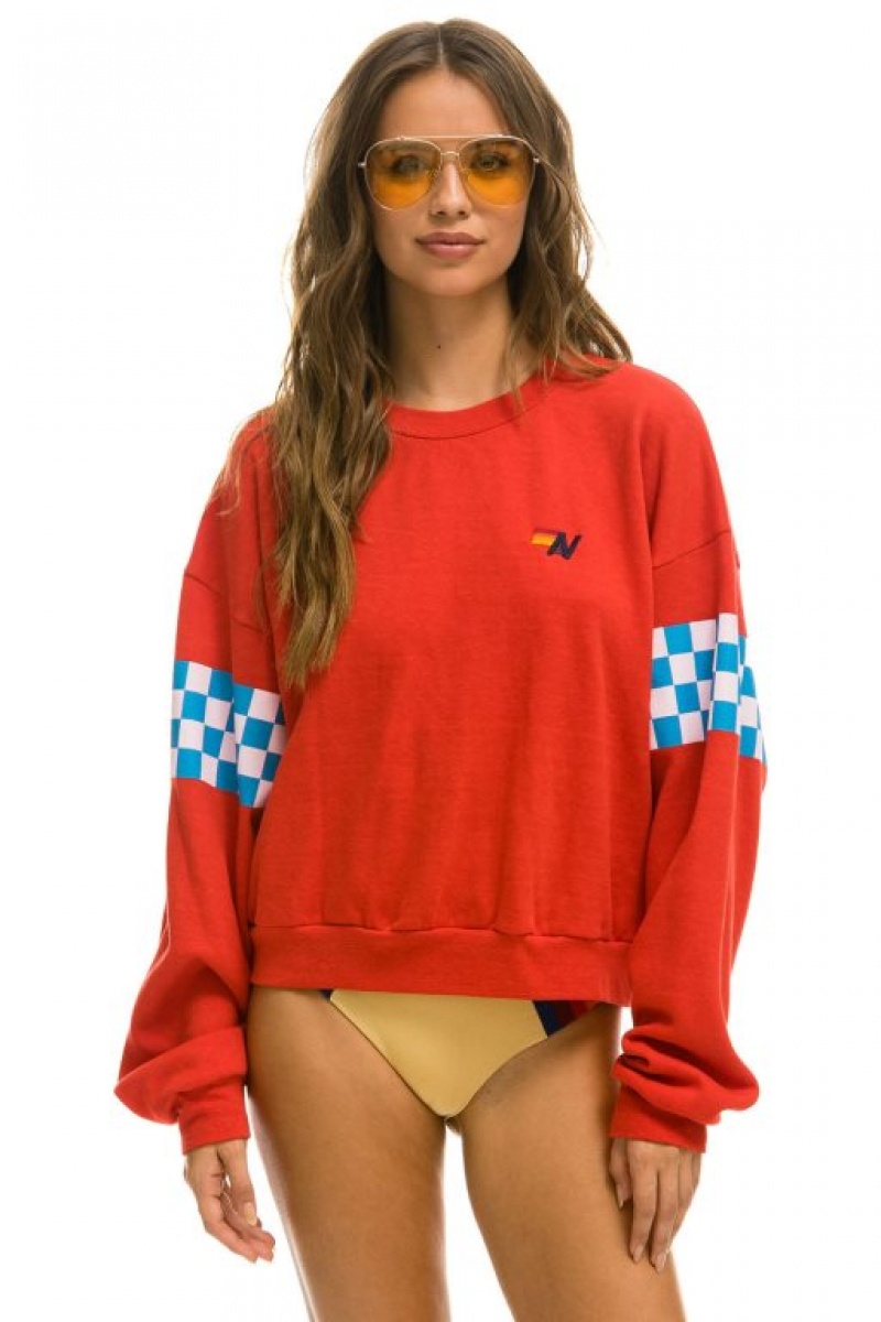 Sudaderas Aviator Nation Check 2 Sleeve Relaxed Crew Mujer Red / White / Blue | 17SXTAFWI
