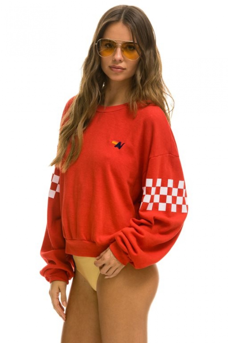 Sudaderas Aviator Nation Check 2 Sleeve Relaxed Crew Mujer Red / White | 17TLDQCEW