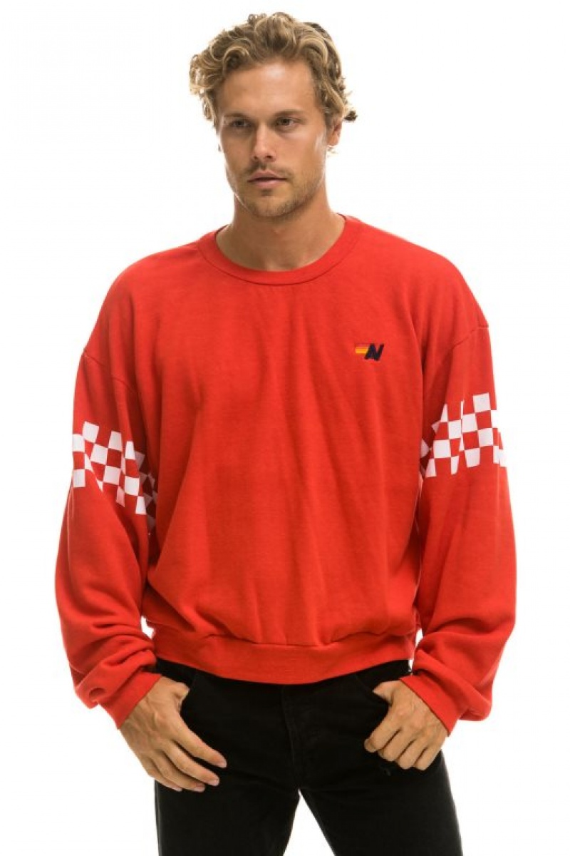 Sudaderas Aviator Nation Check 2 Sleeve Relaxed Crew Mujer Red / White | 17TLDQCEW