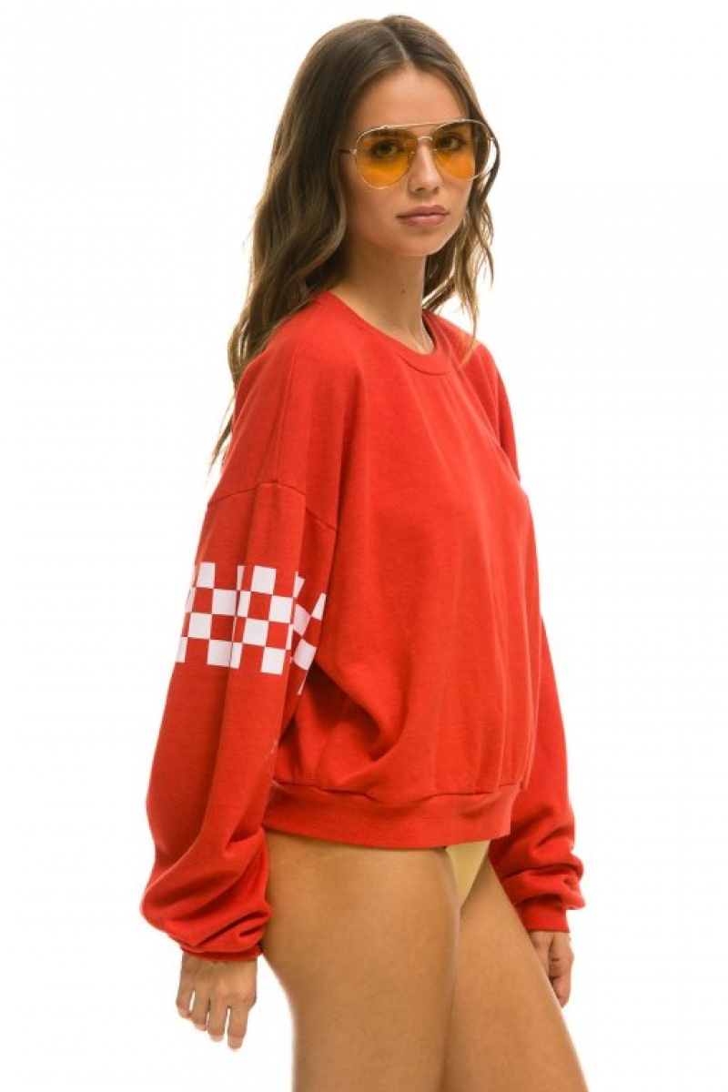 Sudaderas Aviator Nation Check 2 Sleeve Relaxed Crew Mujer Red / White | 17TLDQCEW