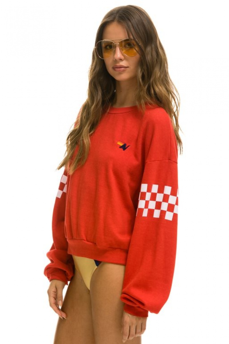 Sudaderas Aviator Nation Check 2 Sleeve Relaxed Crew Mujer Red / White | 17TLDQCEW