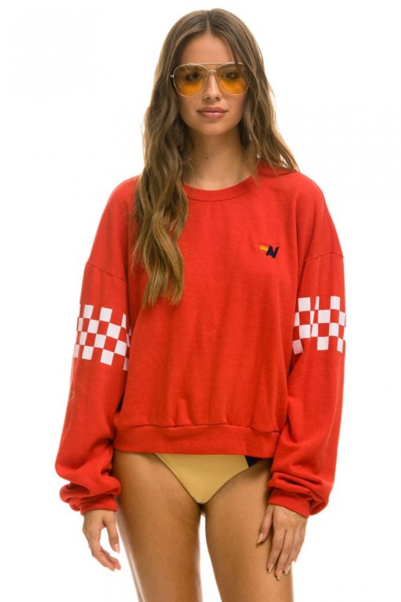 Sudaderas Aviator Nation Check 2 Sleeve Relaxed Crew Mujer Red / White | 17TLDQCEW