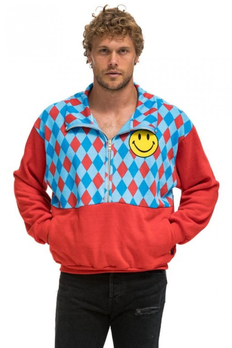 Sudaderas Aviator Nation Diamond Smiley 2 Fleece Half Zip Color Block Mujer Red / Blue | 16ZIKFHRV
