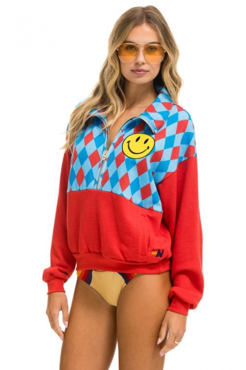 Sudaderas Aviator Nation Diamond Smiley 2 Fleece Half Zip Color Block Mujer Red / Blue | 16ZIKFHRV