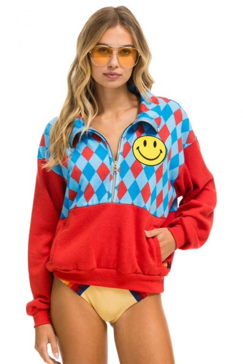 Sudaderas Aviator Nation Diamond Smiley 2 Fleece Half Zip Color Block Mujer Red / Blue | 16ZIKFHRV