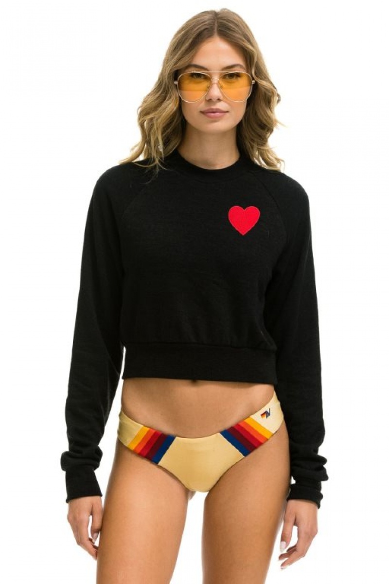 Sudaderas Aviator Nation Heart Embroidery Cropped Crew Mujer Black | 16XJMFGYP