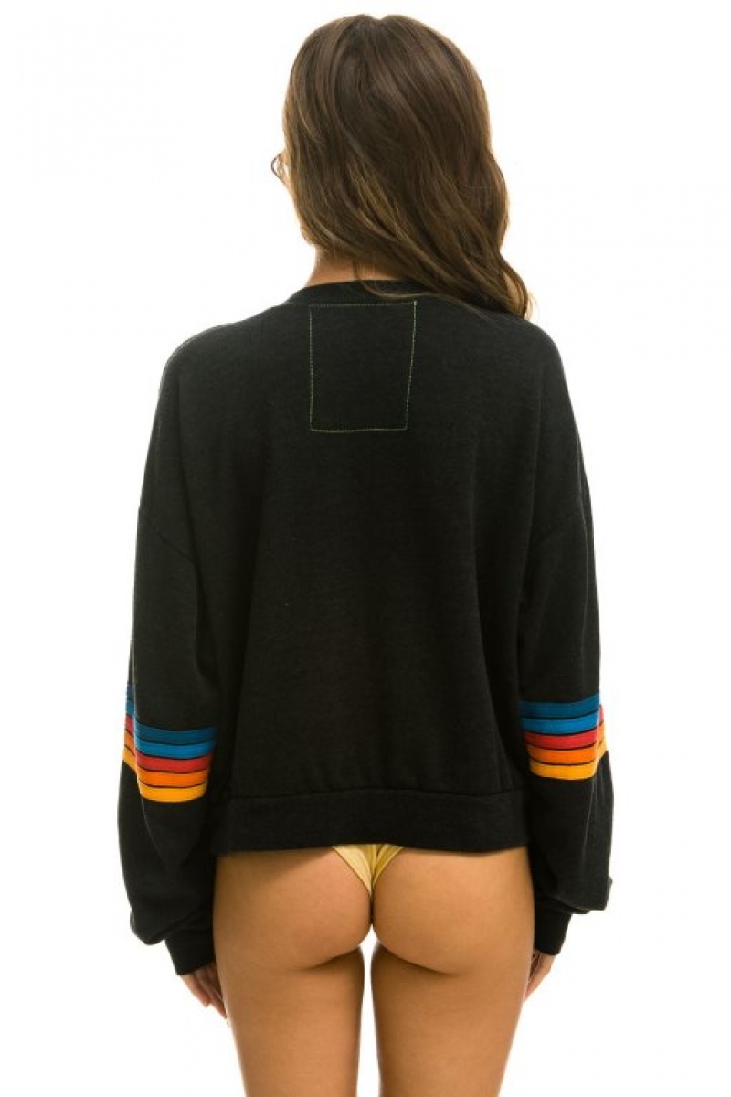 Sudaderas Aviator Nation Rainbow Stitch Sleeve Crew Relaxed Mujer Black | 17BSHYRIU